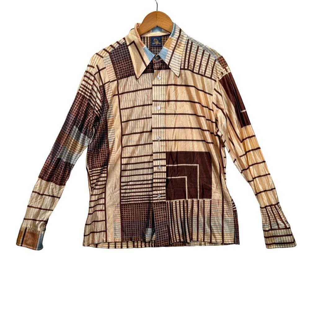 Vintage 70s Plumage Shirt Acetate Nylon Disco Long Sleeve Geometric L